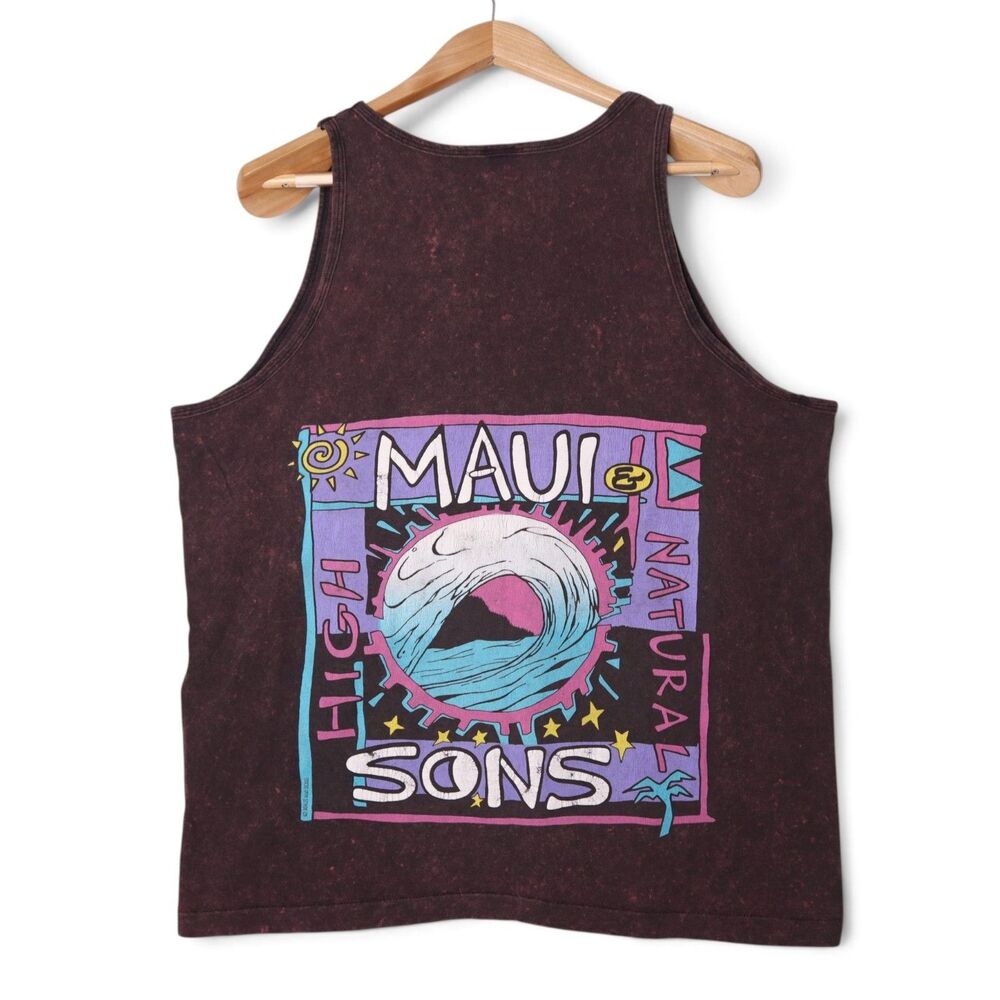 Vtg 80s-90s Maui & Sons "Natural High" Sz L Mineral-Wash Graphic Surf  Tank Top